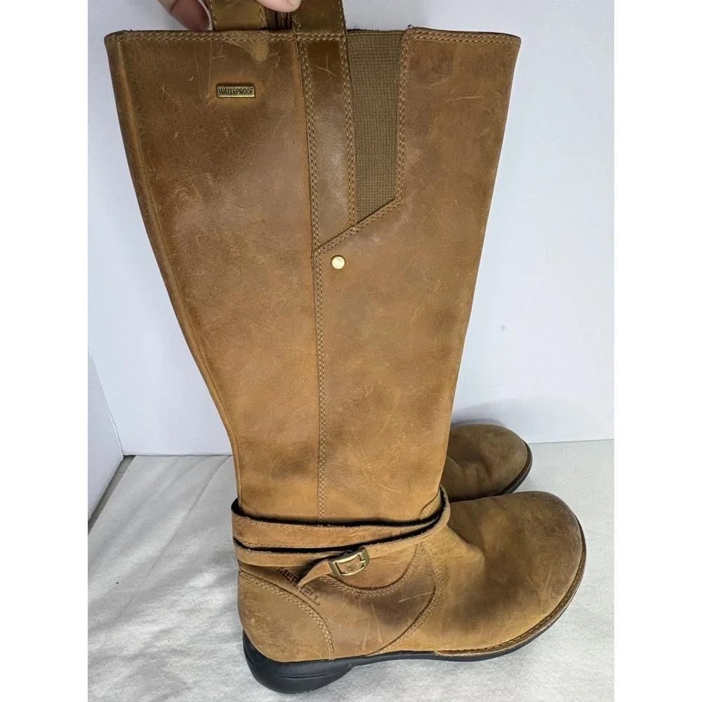 Merrell Knee High Boots Women's Size 9 Chestnut Waterproof Leather Tetra Strap